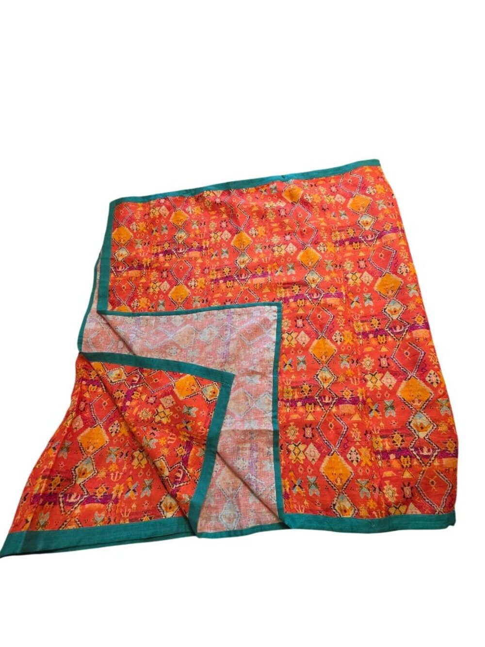 VTG Boho Geometric Tribal Cotton Gauze Table Runner Panel Orange Teal 34x132 - Picture 2 of 9